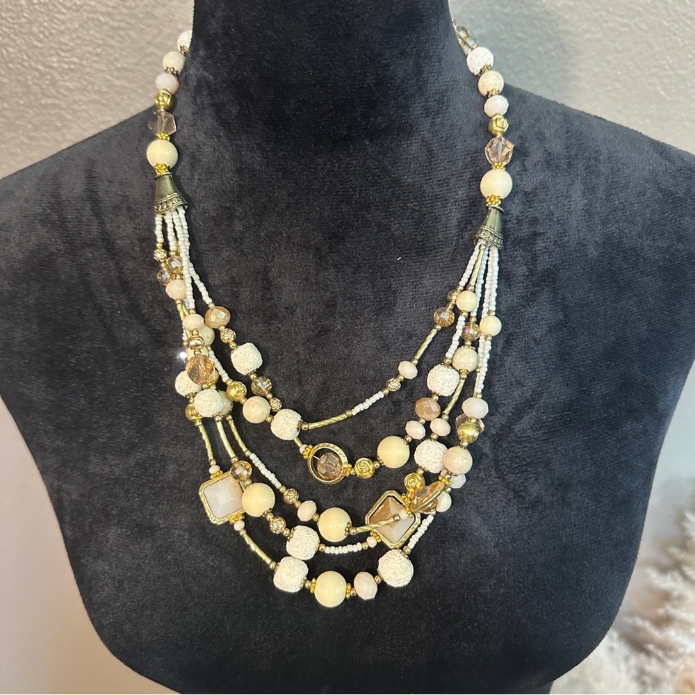 Multi-Strand Cream and Gold Beaded Necklace by